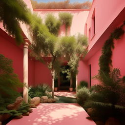 2D image of a serene courtyard, capturing the style of Luis Barragán, with vibrant pink walls, abundant lush greenery, and tranquil water features. Incorporate his renowned use of light and shadow for a visually captivating and emotionally resonant ambiance.