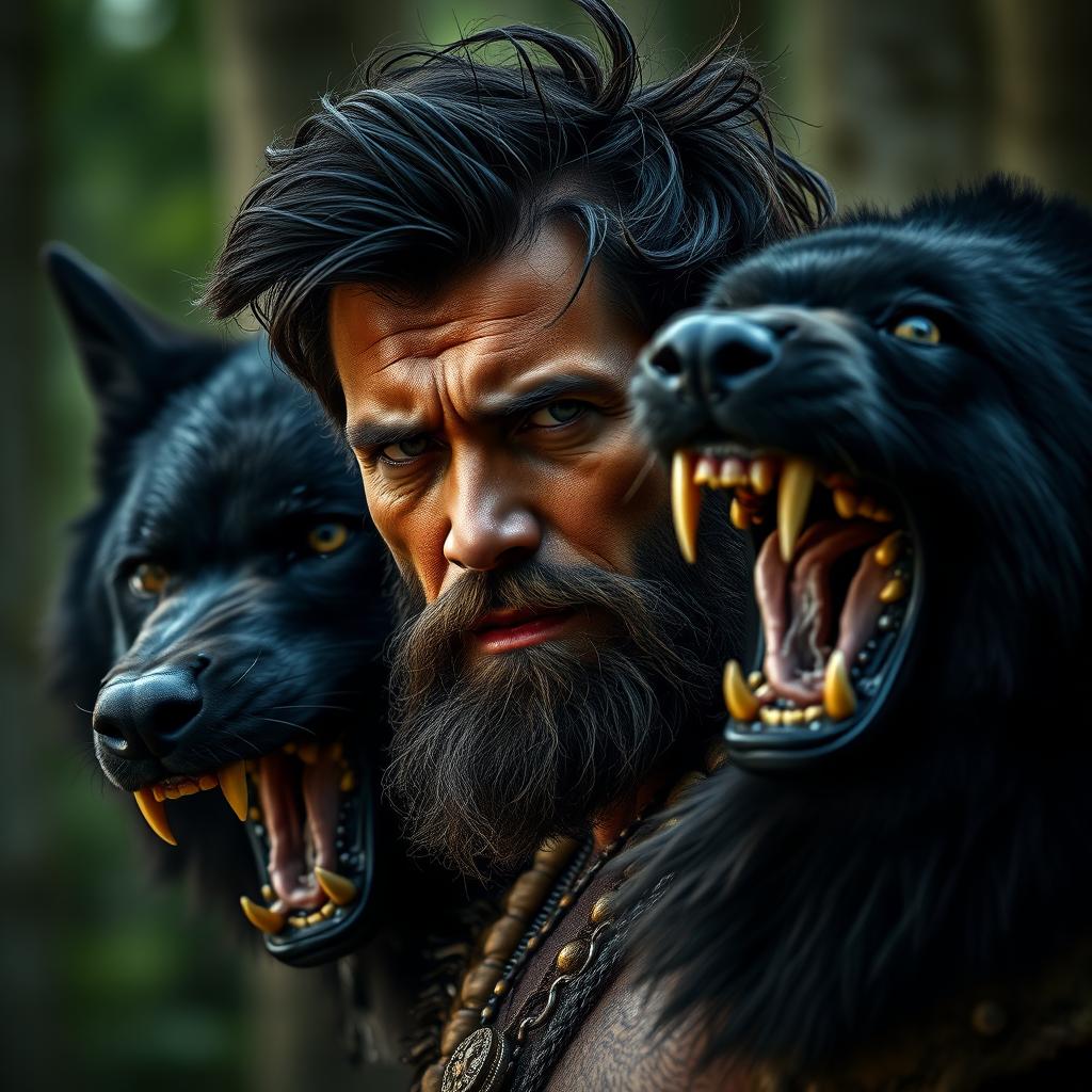 A powerful and striking image depicting a man with dusky skin, rough stubble, and dark, tousled hair