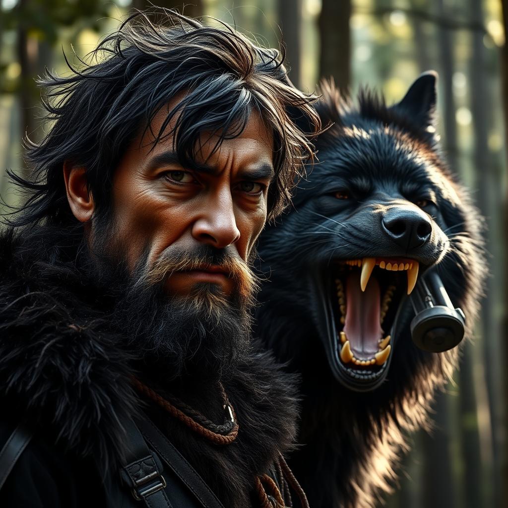 A powerful and striking image depicting a man with dusky skin, rough stubble, and dark, tousled hair