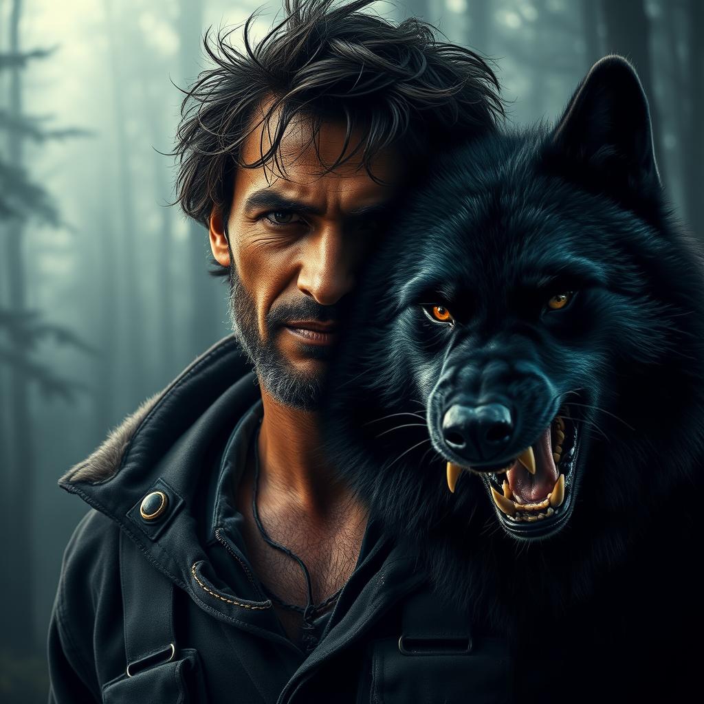 A captivating image illustrating the dichotomy between a man with dusky skin, rough stubble, and dark, tousled hair, standing alongside a fierce black wolf that is snarling