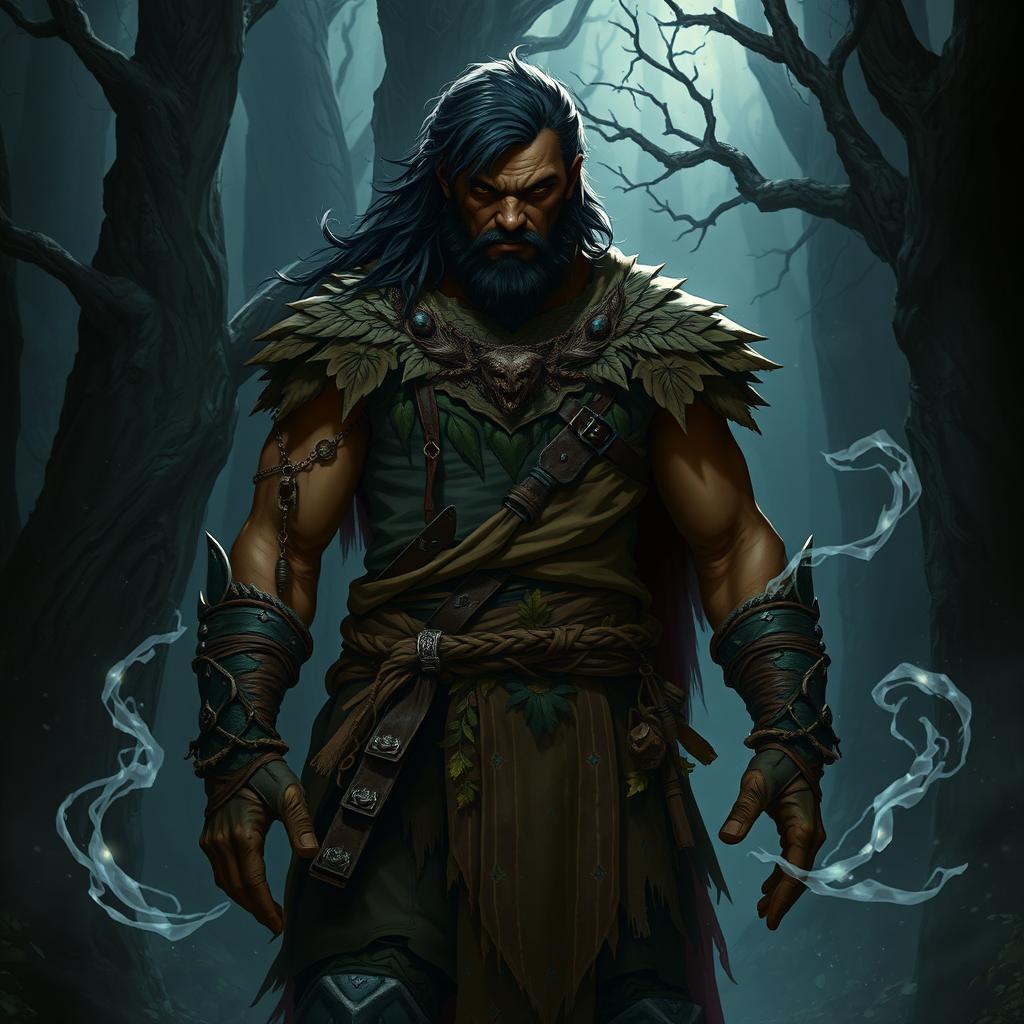 An imposing D&D 5E Druid male character with dusky skin and dark hair stands confidently in a dark, shadowy forest