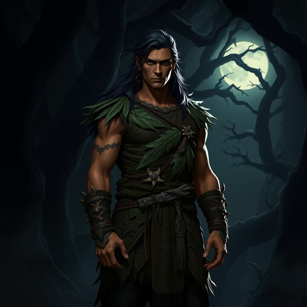 A male D&D 5E Druid with dusky skin and dark hair, standing confidently in a dark, mysterious forest