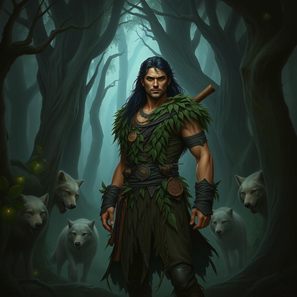 A male D&D 5E Druid with dusky skin and dark hair, standing confidently in a dark, mystical forest filled with towering ancient trees and thick undergrowth