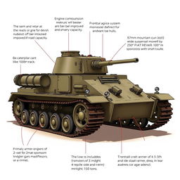 A detailed illustration of a tank with specific features: the engine and transmission located at the rear for better weight distribution and improved off-road capability