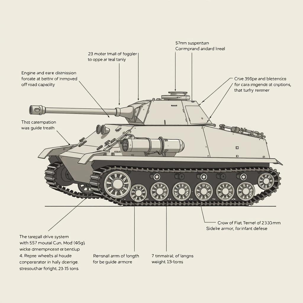 A detailed illustration of a tank with specific features: the engine and transmission located at the rear for better weight distribution and improved off-road capability