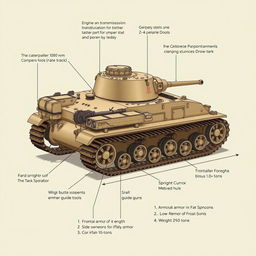 A detailed illustration of a tank with specific features: the engine and transmission located at the rear for better weight distribution and improved off-road capability
