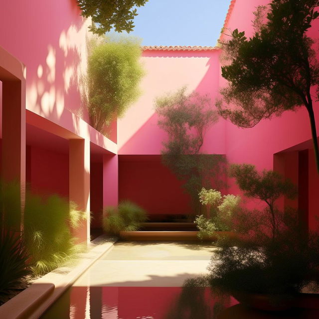 2D image of a serene courtyard, capturing the style of Luis Barragán, with vibrant pink walls, abundant lush greenery, and tranquil water features. Incorporate his renowned use of light and shadow for a visually captivating and emotionally resonant ambiance.