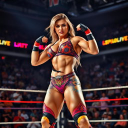 A muscular female bodybuilder (FBB) wrestler in an action-packed pose, showcasing her impressive physique and strength