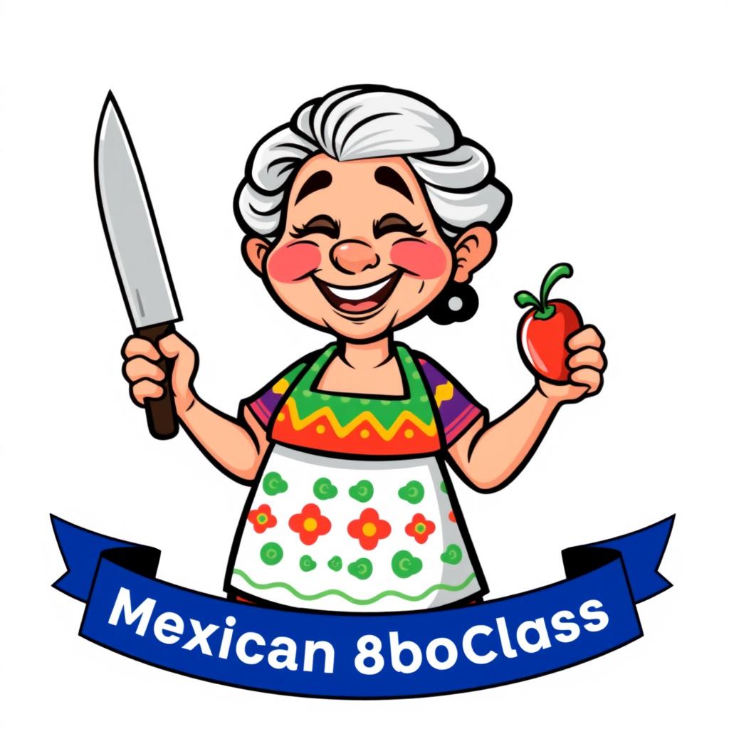 A simple and playful cartoon-style logo featuring a Mexican abuela, a lively elderly woman, confidently holding a large kitchen knife in one hand and a fresh ingredient, like a pepper or carrot, in the other