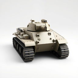 A tank designed with specific characteristics: a tracked design featuring wide tracks for terrain adaptability