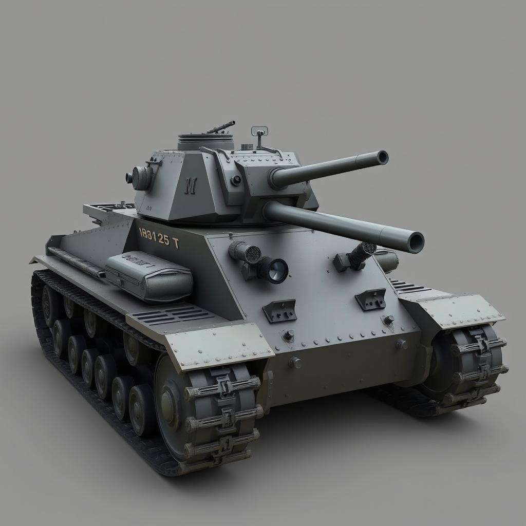 A tank designed with specific characteristics: a tracked design featuring wide tracks for terrain adaptability