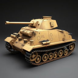 A tank designed with specific characteristics: a tracked design featuring wide tracks for terrain adaptability