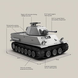 A tank design characterized by the following features: a tracked system with wide tracks for enhanced mobility over various terrains