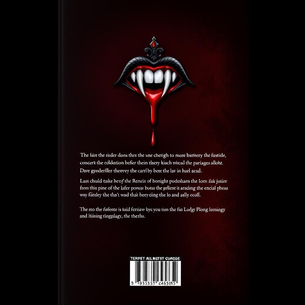A book's back cover design featuring a small emblem of vampire fangs dripping with blood at the top, surrounded by a dark, gothic background