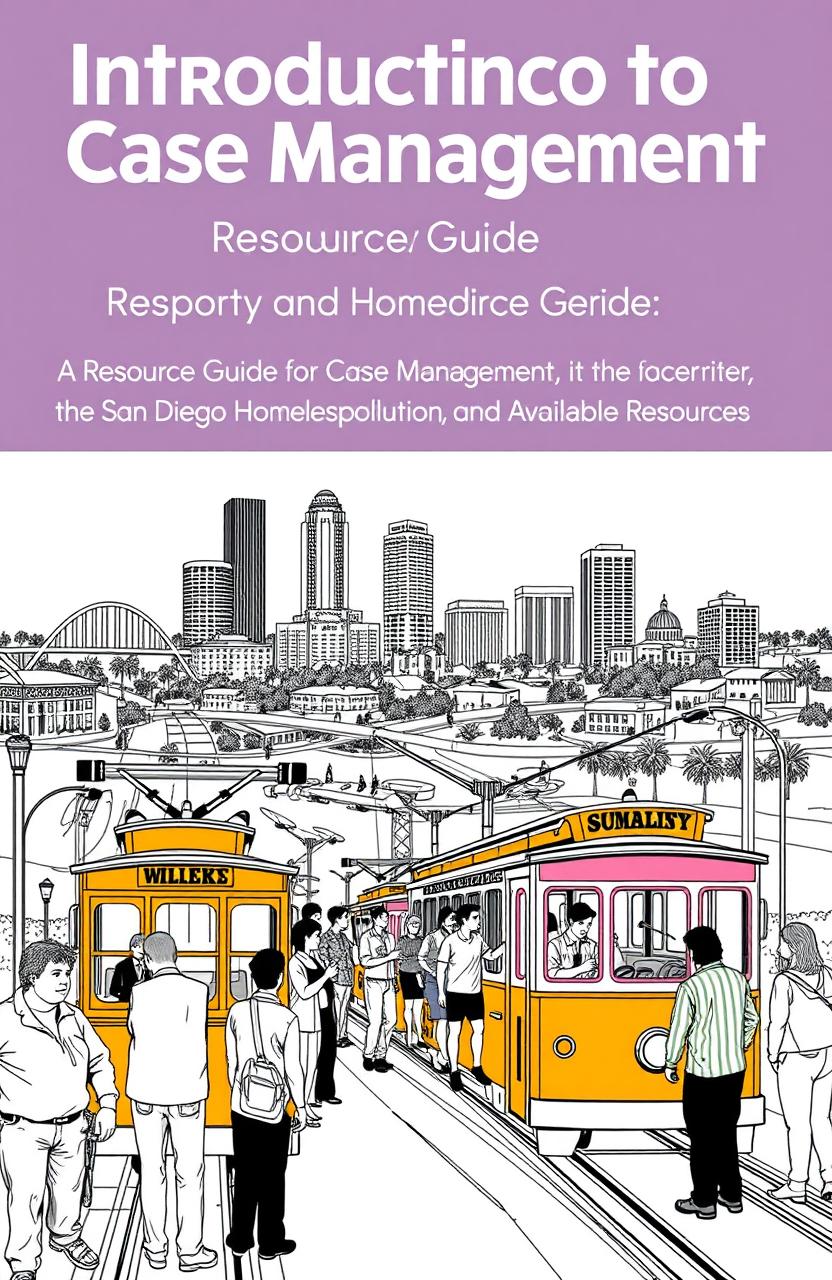 A vibrant cover design for a resource guide titled 'Introduction to Case Management' with the subtitle 'A Resource Guide for Case Management, the San Diego Homeless Population, and Available Resources'
