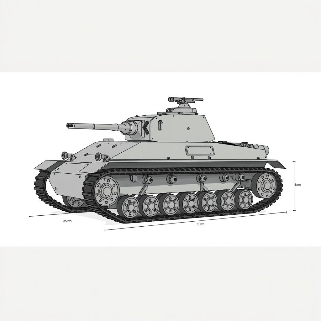 An illustrated design of a tank with the following characteristics: a tracked design featuring wide tracks for optimal performance on various terrains