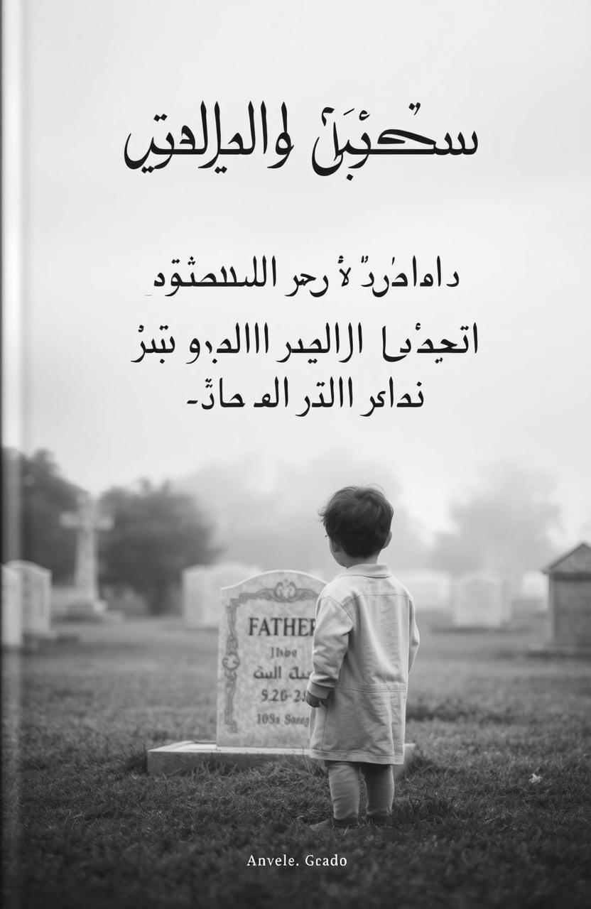 A book cover for a novel titled "ماذا كان ذنبي اذا تربيت بدون اب" featuring a poignant scene of a young child standing in front of the grave of their deceased father