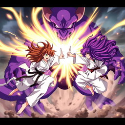 An intense anime scene featuring two karate girls, one with striking brown hair and the other with vibrant purple hair, both flying gracefully around a formidable purple monster