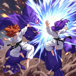 An intense anime scene featuring two karate girls, one with striking brown hair and the other with vibrant purple hair, both flying gracefully around a formidable purple monster