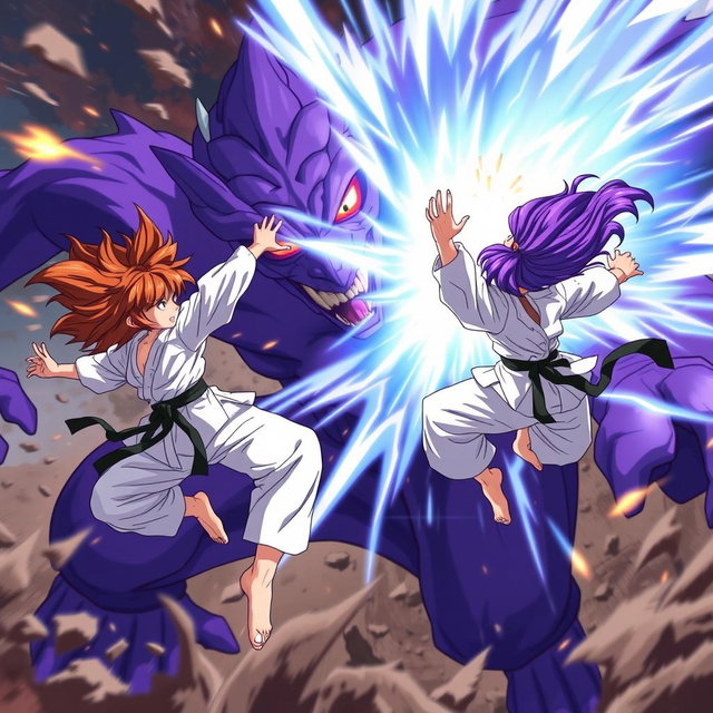 An intense anime scene featuring two karate girls, one with striking brown hair and the other with vibrant purple hair, both flying gracefully around a formidable purple monster