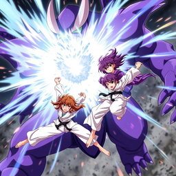 An intense anime scene featuring two karate girls, one with striking brown hair and the other with vibrant purple hair, both flying gracefully around a formidable purple monster