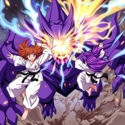 An intense anime scene featuring two karate girls, one with striking brown hair and the other with vibrant purple hair, both flying gracefully around a formidable purple monster