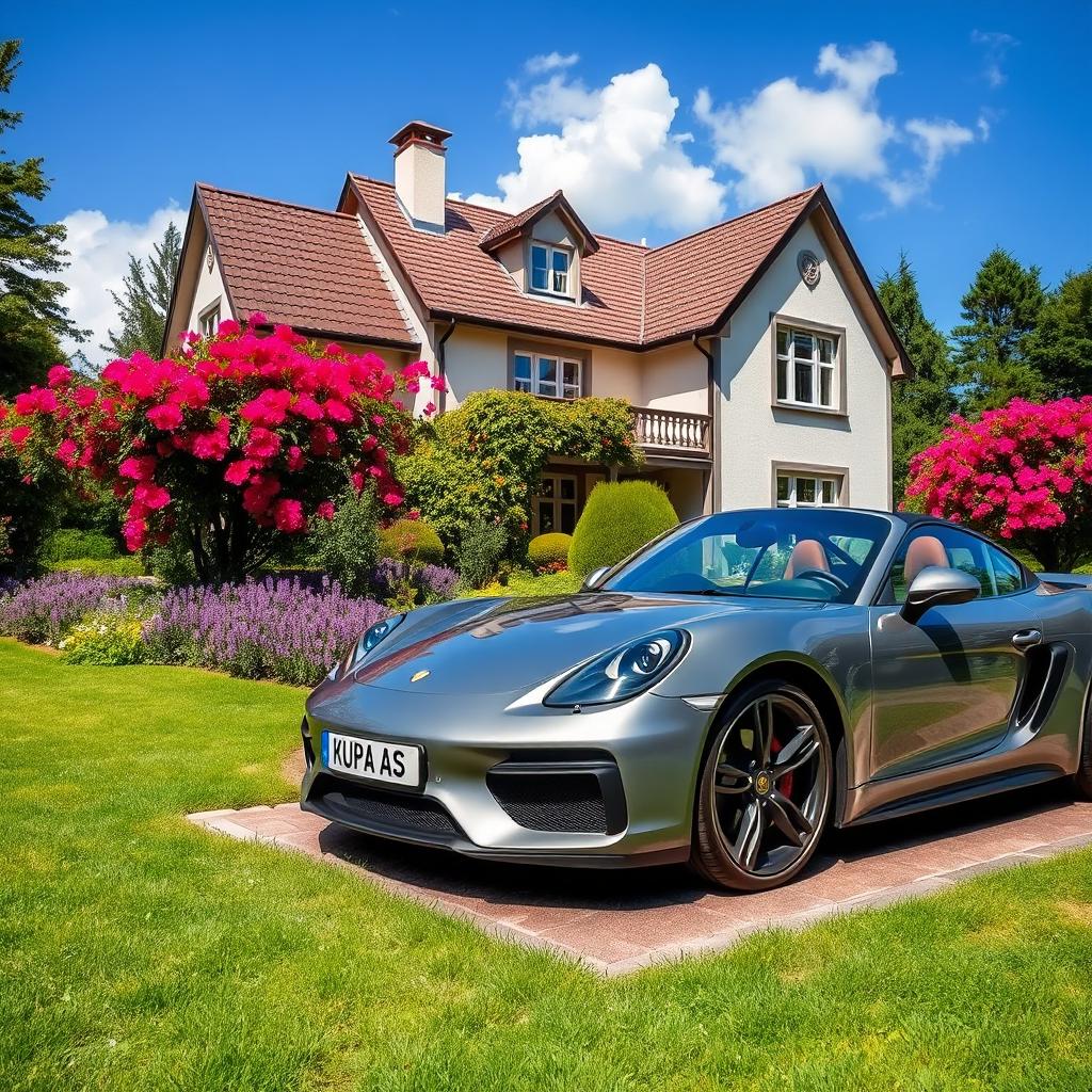 A beautiful house surrounded by a lush garden, featuring vibrant flowers and green grass