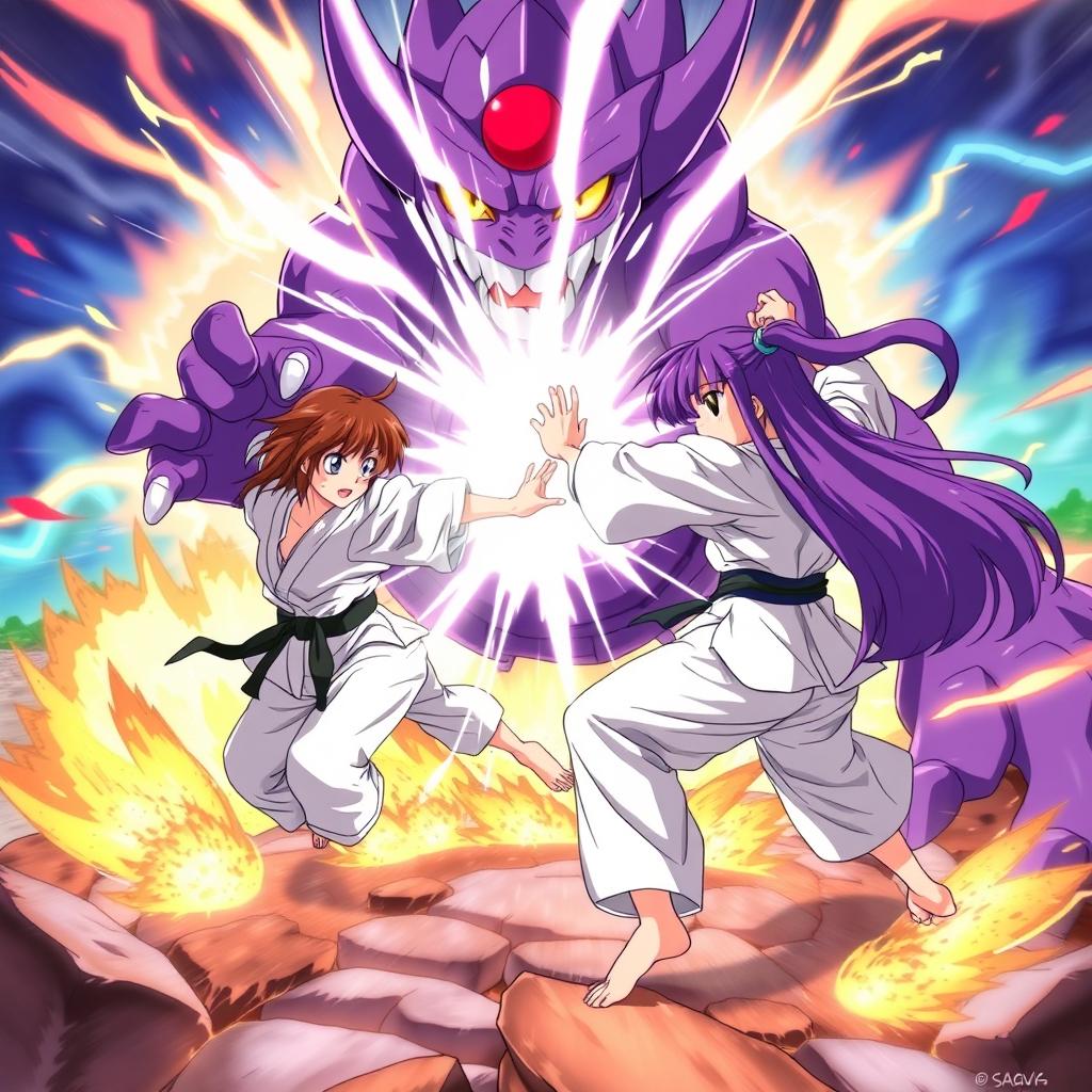 A thrilling continuation of an anime scene featuring two karate girls in mid-action