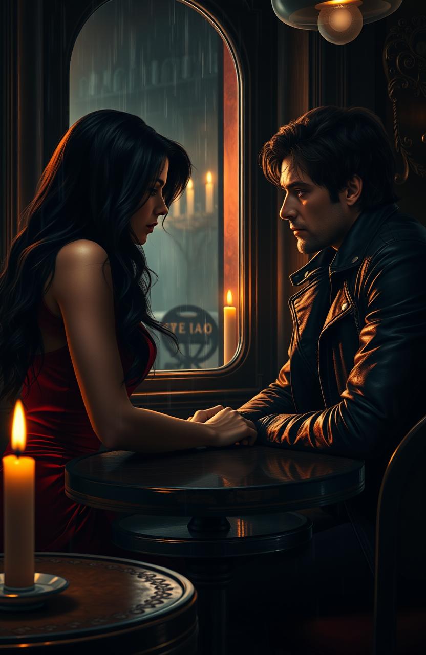 A romantic suspense scene set in a dimly lit, elegant Parisian café, where a couple sits at a small table, deep in conversation