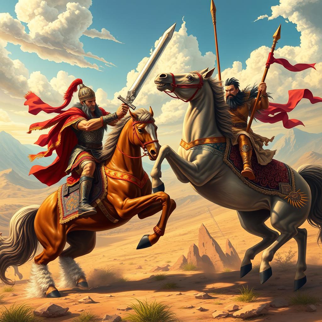 A vibrant historical fantasy scene depicting the epic battle between Rustam and Afrasiab from the Shahnameh of Ferdowsi