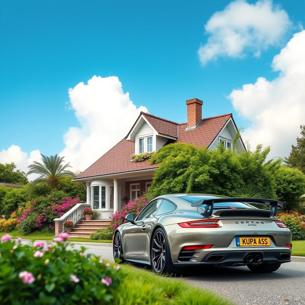 A charming house surrounded by a lush green garden, with vibrant flowers blooming