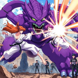 An action-packed anime scene featuring two karate girls, one with beautiful brown hair and the other with striking purple hair, flying around a massive purple monster