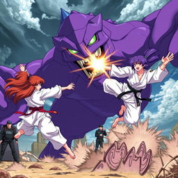 An action-packed anime scene featuring two karate girls, one with beautiful brown hair and the other with striking purple hair, flying around a massive purple monster
