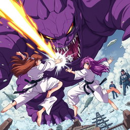 An action-packed anime scene featuring two karate girls, one with beautiful brown hair and the other with striking purple hair, flying around a massive purple monster