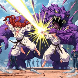 An action-packed anime scene featuring two karate girls, one with beautiful brown hair and the other with striking purple hair, flying around a massive purple monster