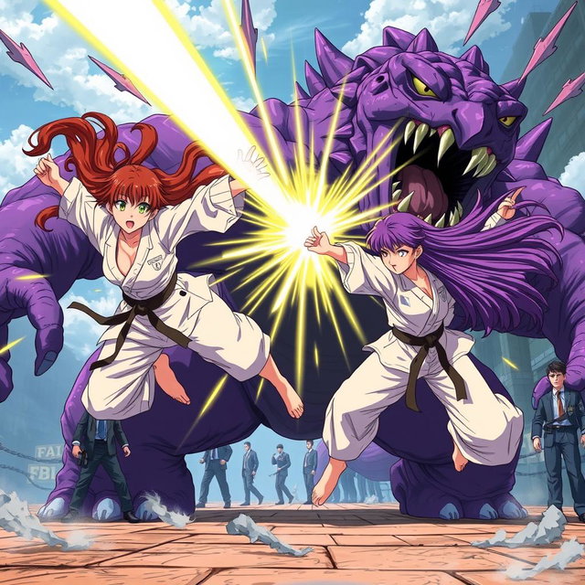 An action-packed anime scene featuring two karate girls, one with beautiful brown hair and the other with striking purple hair, flying around a massive purple monster