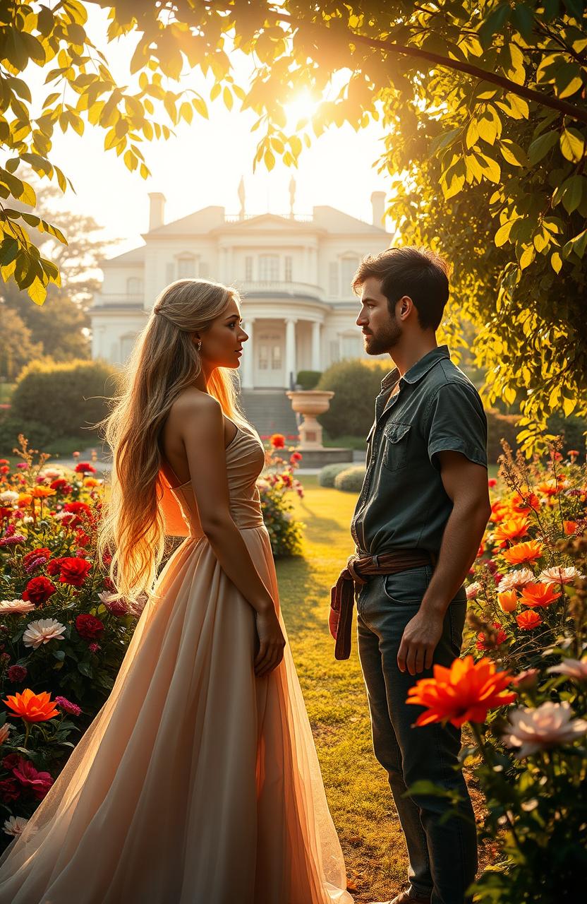A romantic suspense scene depicting a rich young woman with long flowing hair, dressed in an elegant, luxurious gown, standing in an opulent garden filled with colorful flowers and lush greenery