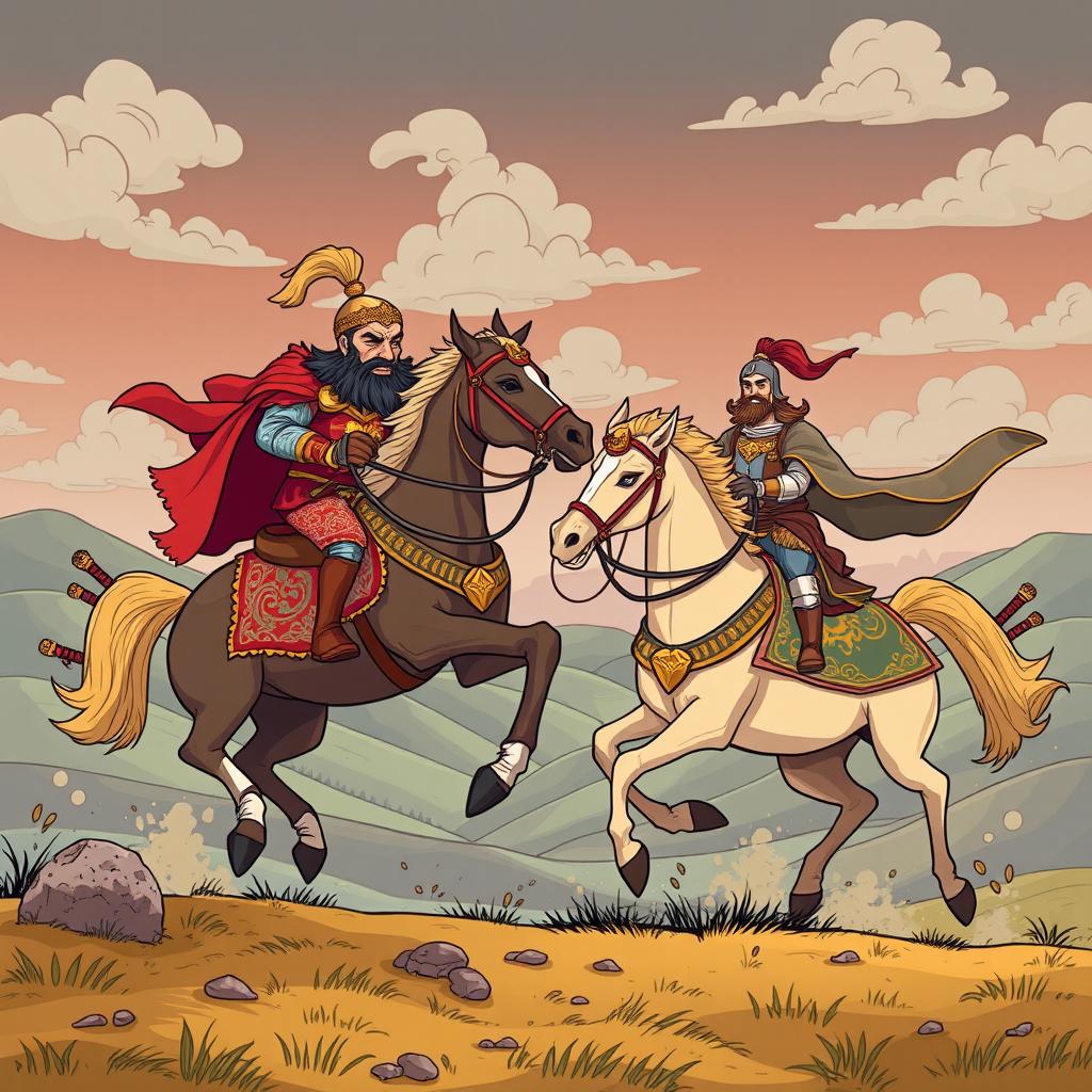A fantastical and historical cartoon-style depiction of the epic battle between Rostam and Afrasiab from the Shahnameh, illustrating both heroes on horseback charging towards each other in a fierce clash