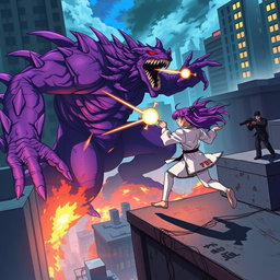 An exciting anime scene depicting a massive purple monster being shot at by FBI agents from the ground