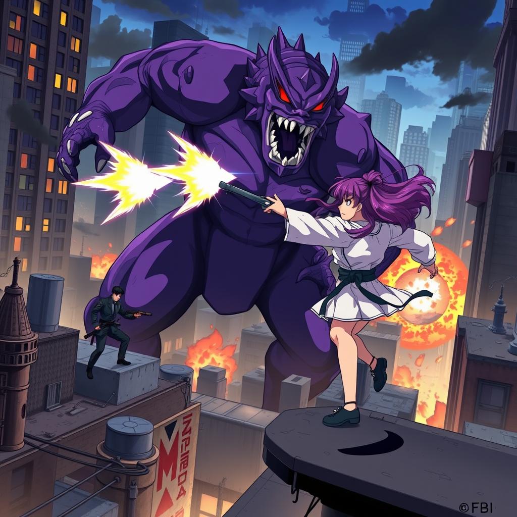 An exciting anime scene depicting a massive purple monster being shot at by FBI agents from the ground