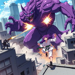 An exciting anime scene depicting a massive purple monster being shot at by FBI agents from the ground