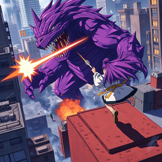 An exciting anime scene depicting a massive purple monster being shot at by FBI agents from the ground
