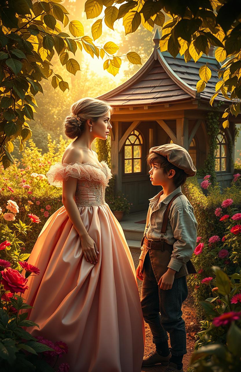 A romantic yet suspenseful scene depicting a wealthy young woman and a poor garden boy in an enchanting garden