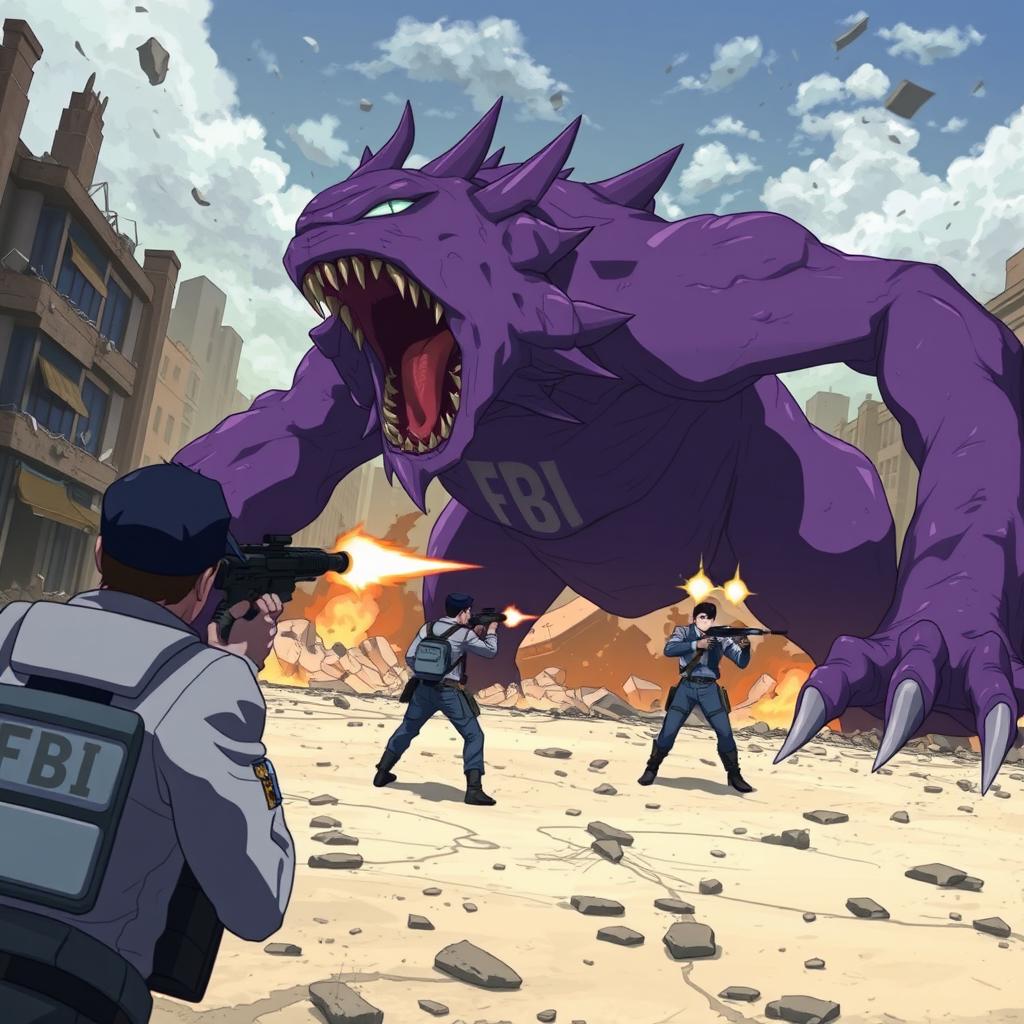 A dramatic anime scene capturing a massive purple monster engaging in a fierce confrontation with FBI agents in a devastated cityscape