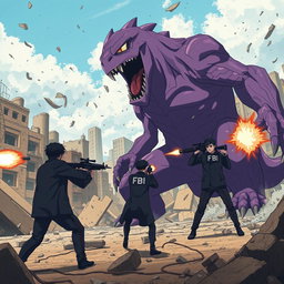A dramatic anime scene capturing a massive purple monster engaging in a fierce confrontation with FBI agents in a devastated cityscape