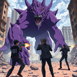 A dramatic anime scene capturing a massive purple monster engaging in a fierce confrontation with FBI agents in a devastated cityscape