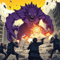 A dramatic anime scene capturing a massive purple monster engaging in a fierce confrontation with FBI agents in a devastated cityscape