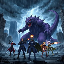 An intense anime scene featuring a large, purple monster being shot at by FBI agents in a devastated city during a fierce storm