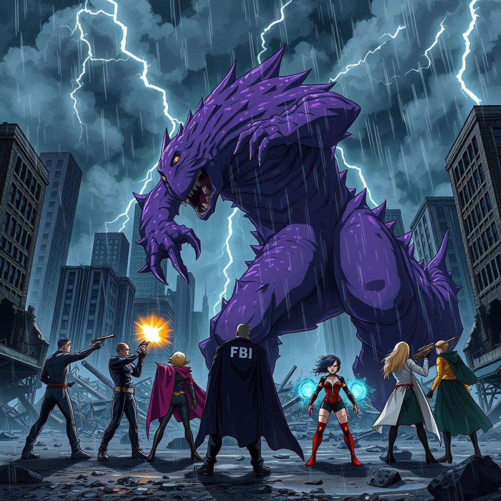 An intense anime scene featuring a large, purple monster being shot at by FBI agents in a devastated city during a fierce storm