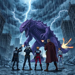 An intense anime scene featuring a large, purple monster being shot at by FBI agents in a devastated city during a fierce storm
